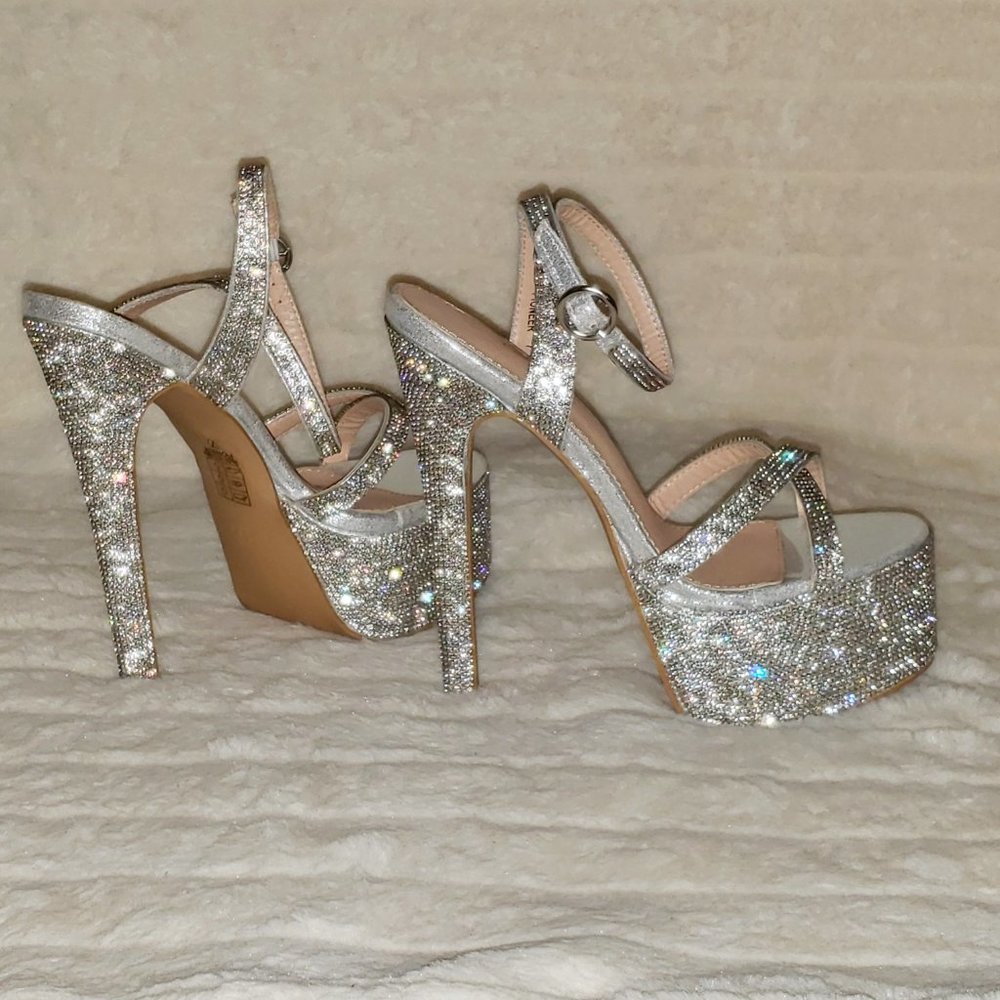 Bejeweled Pandora Silver Sparkling Rhinestone Platform 6.5" Heels…